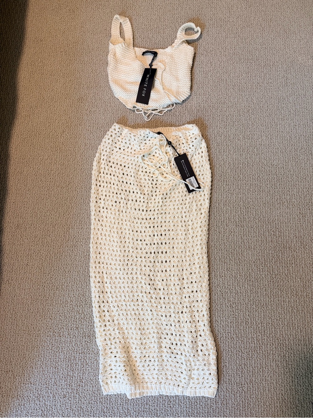 White Fox Crochet Crop Top and Maxi Skirt Set